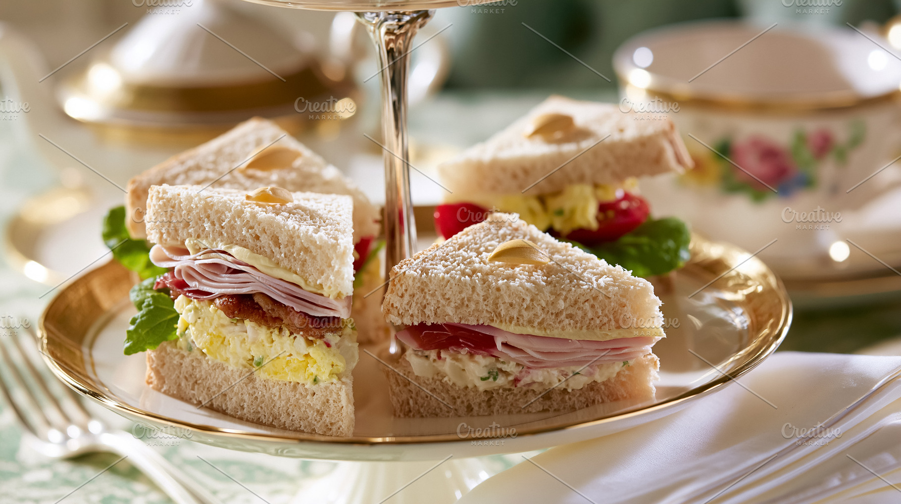 Assorted finger sandwiches with various fillings on a tiered stand, ready for a, a Photo by Studio ANNA