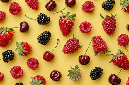 Pattern of ripe different berries on yellow background, a Food & Drink Photo by AlyaAnd