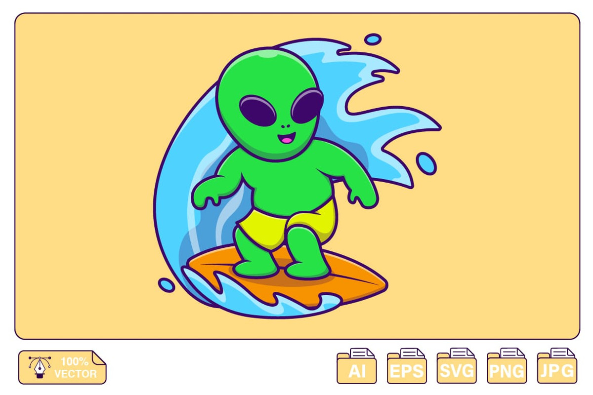 Cute Alien Surfing With Surfboard, a Sport Illustration by Artstorystudio (Photo 1 of 3)