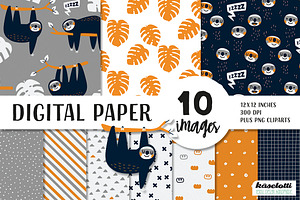 Sloth orange Digital Paper & Clipart