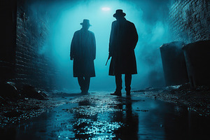 Mysterious figures in foggy alleyway, a Photo by Tanuart