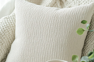 A cozy living space featuring a textured white pillow on a soft blanket, with a, a Beauty & Fashion Photo by Textures & Backgrounds