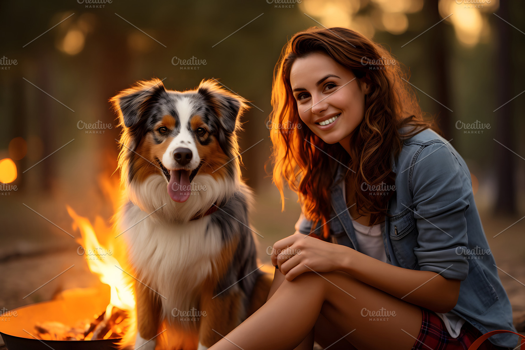 Portrait of Australian Shepherd dog with woman sitting in forest near bonfire, an Animal Photo by Lenor4ik