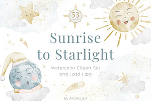 Watercolor Moon Sun Nursery Clipart