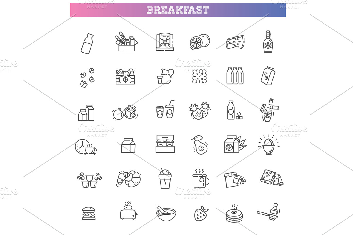 Vector outline breakfast flat icons, a Food Illustration by Tettygreen