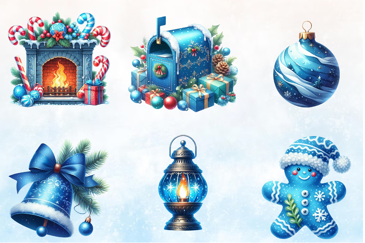 Watercolor Blue Christmas Clipart PN, a Seasonal Illustration by Rose Art (Photo 2 of 3)