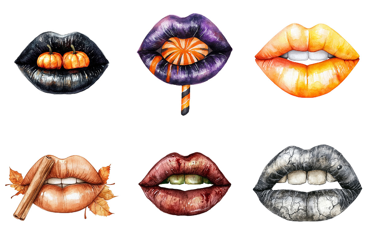 Watercolor Halloween Lips Clipart, a Seasonal Illustration by CitraGraphics (Photo 3 of 7)
