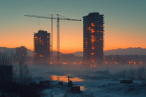 Construction site illuminated at dus, a Photo by Tanuart