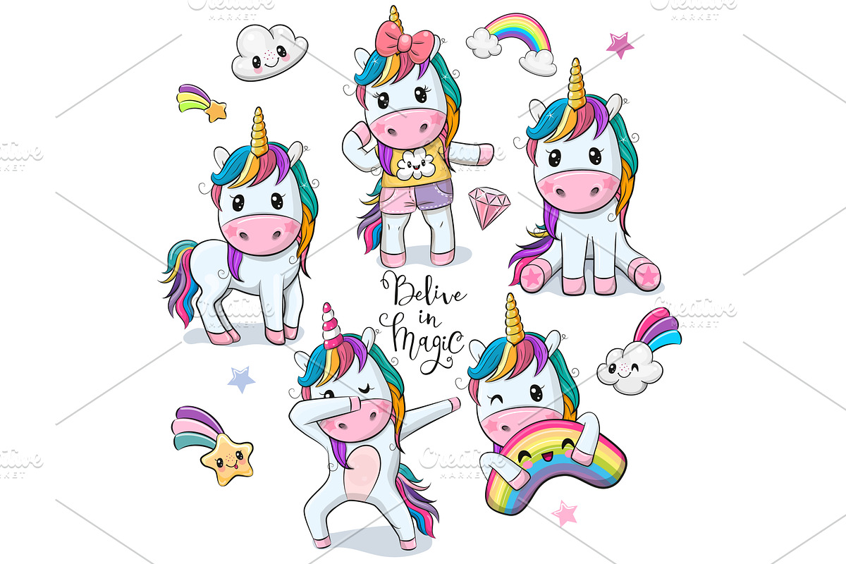 Set of Cute Cartoon Unicorns, an Animal Illustration by Regina Art (Reginast777)