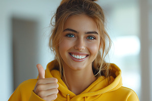 A young Caucasian woman with blue eyes smiles brightly while giving a thumbs up, a Person Photo by ImageMir