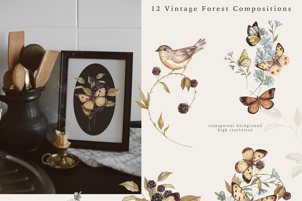Vintage Forest. Watercolor clipart, an Animal Illustration by Ooh Lily (Photo 8 of 22)
