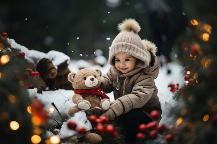 Adorable Child with Teddy Bear in Winter Wonderland Preparing for Christmas, a Photo by AS photostudio