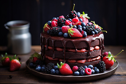 Chocolate cake with fresh berries on plate on wooden table, a Food & Drink Photo by AlyaAnd