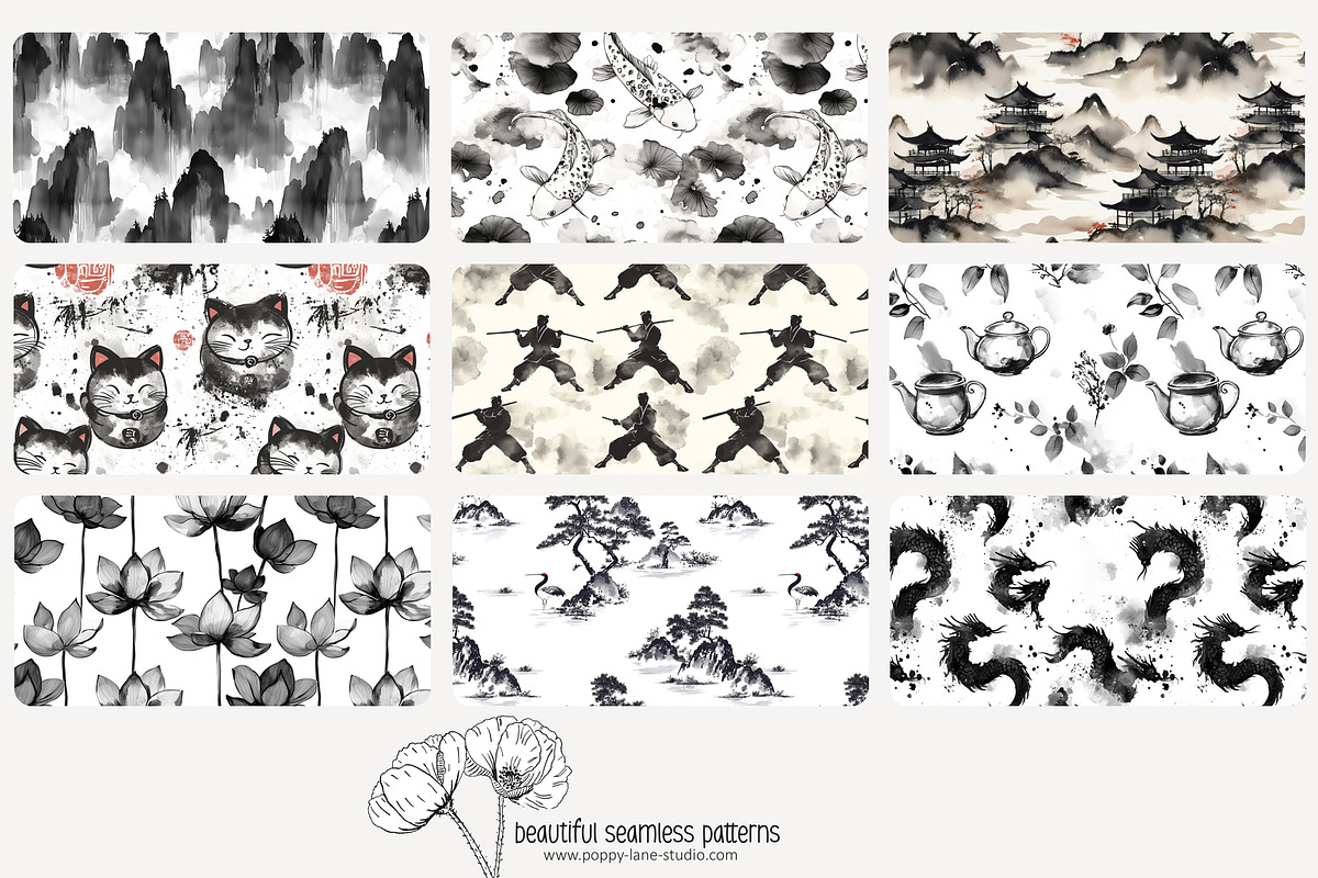 70 Asian ink wash seamless pattern, a Pattern Graphic by Poppy Lane Studio (Photo 7 of 10)