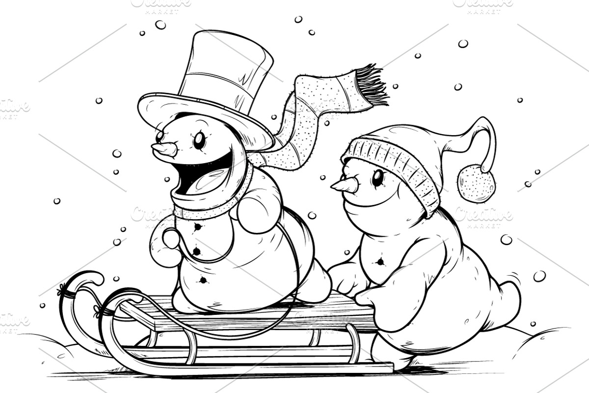 Snowmen on sled. Winter Activities, an Illustration by yuanden graphics