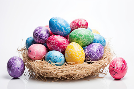 Basket with colorful easter eggs isolated on white background, a Holiday Photo by AlyaAnd