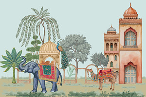 Mughal style Landscape illustration, a Decorative Illustration by Mughal Wallpaper