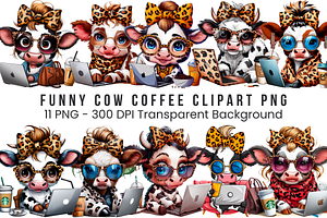 Cow with Coffee & Laptop PNG Bundle, a Graphic by Clipart Bloom