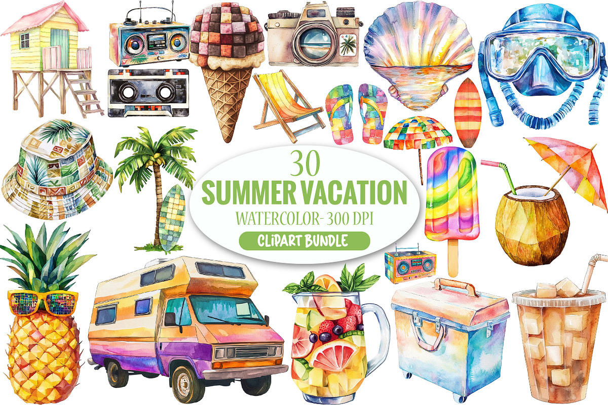 Watercolor Summer Vacation Clipart, an Illustration by Pixels.Craft (Photo 1 of 6)
