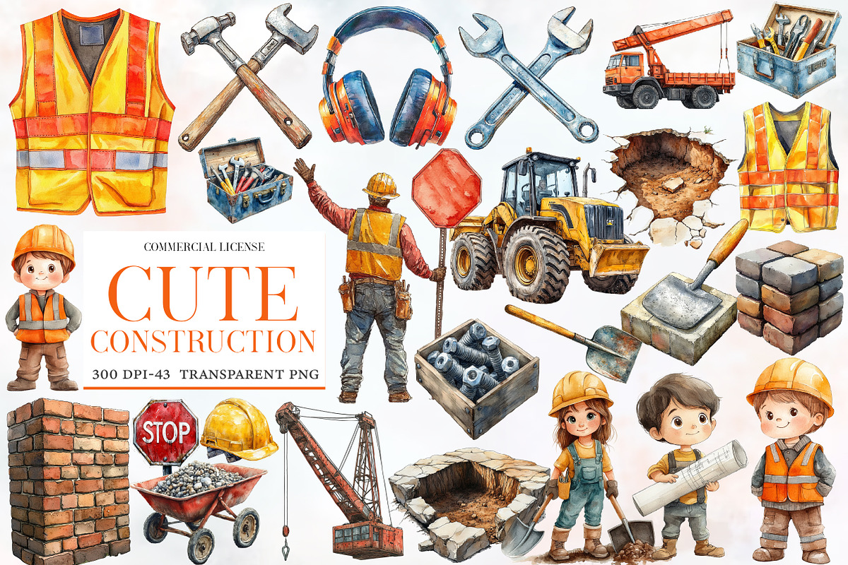 Cute Construction Watercolor Clipart, an Illustration by Designworld (Photo 1 of 6)