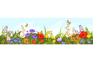 Wildflowers grass border. Cartoon, an Object Illustration by Stock-Smart-Start