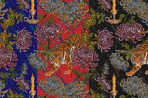 Tiger, candle, chrysanthemums, a Pattern Graphic by NayaChu