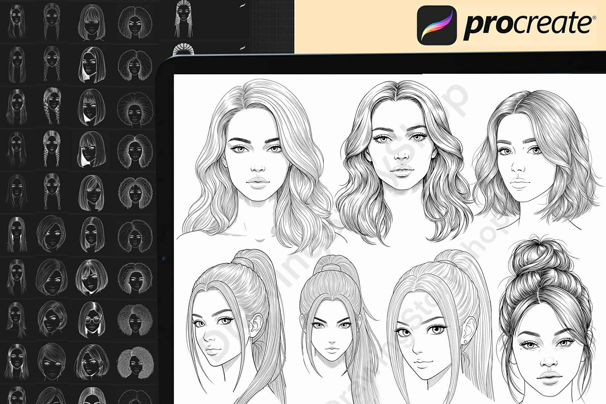 200 Procreate Woman Head Stamps, a Brush Add-On by DrawingStoryShop