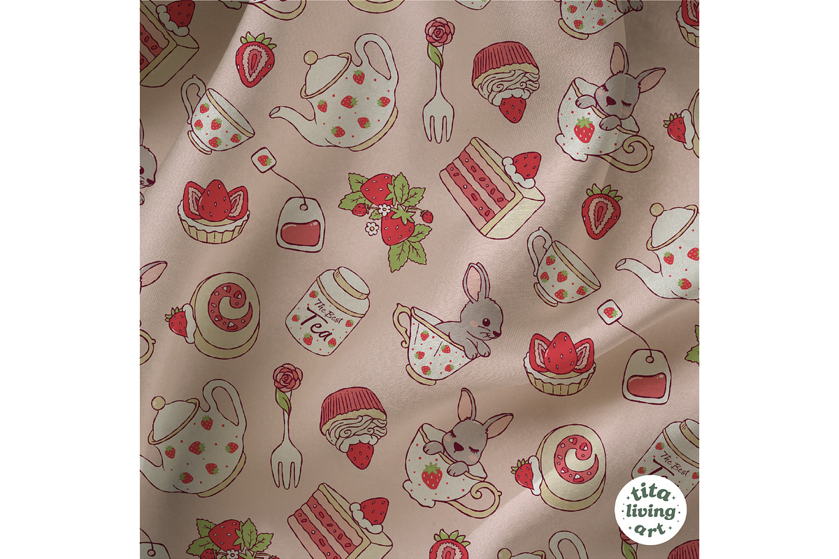 Strawberry Tea Time Seamless Pattern, a Food Illustration by TitaLivingArt (Photo 4 of 10)