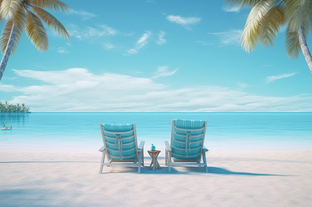 Illustration of deck chairs on sandy beach near palm tree. Generative AI, a Nature Photo by AlyaAnd