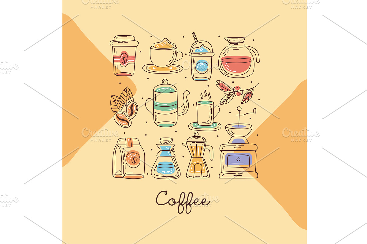 coffee lettering and icons, a Food Illustration by studiogstock