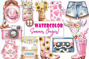 Summer Cowgirl Sublimation Clipart, an Illustration by Watercolor design