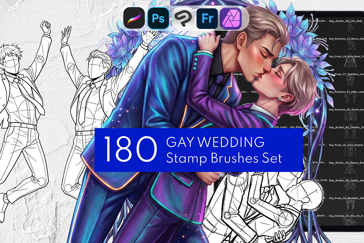 180 Gay Wedding Procreate Stamps, a Brush Add-On by Selentaori Studio (Photo 1 of 12)