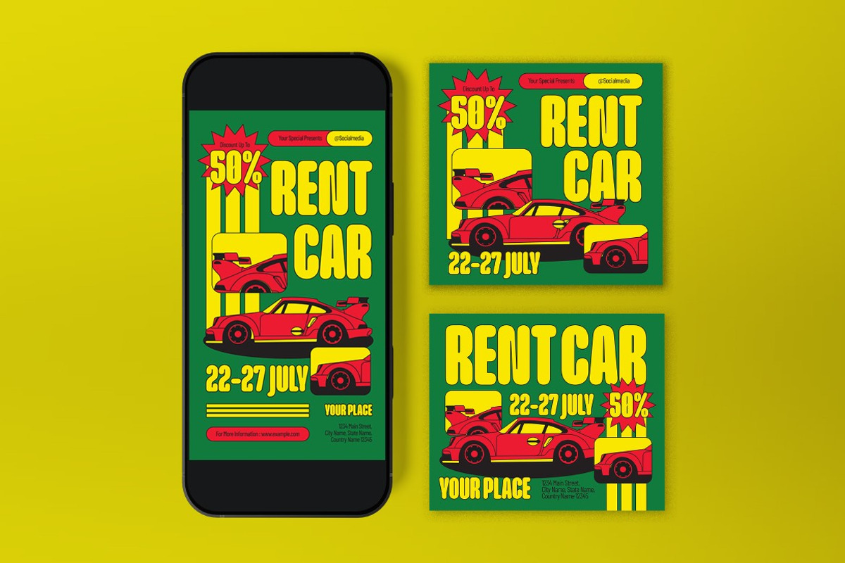 Green Quirky Rent Car Flyer Set, a Flyer Template by graphicook (Photo 3 of 3)