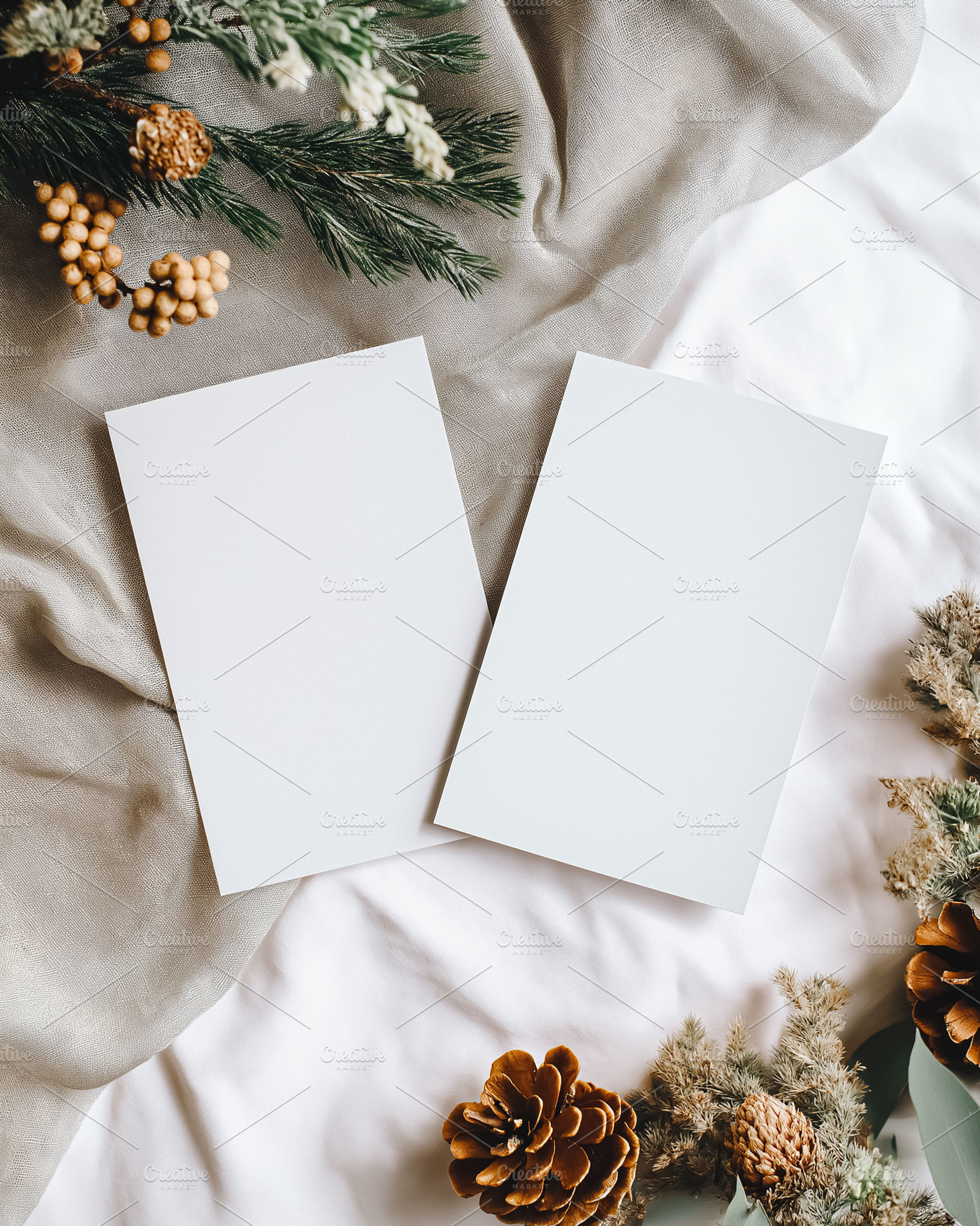 White blank cards for holiday or christmas greetings and invitations surrounded, a Holiday Photo by Studio ANNA