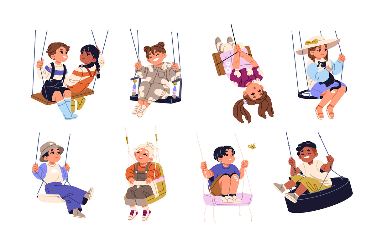 Happy kids swinging on rope swings, a Person Illustration by PaperTrident (Photo 1 of 5)