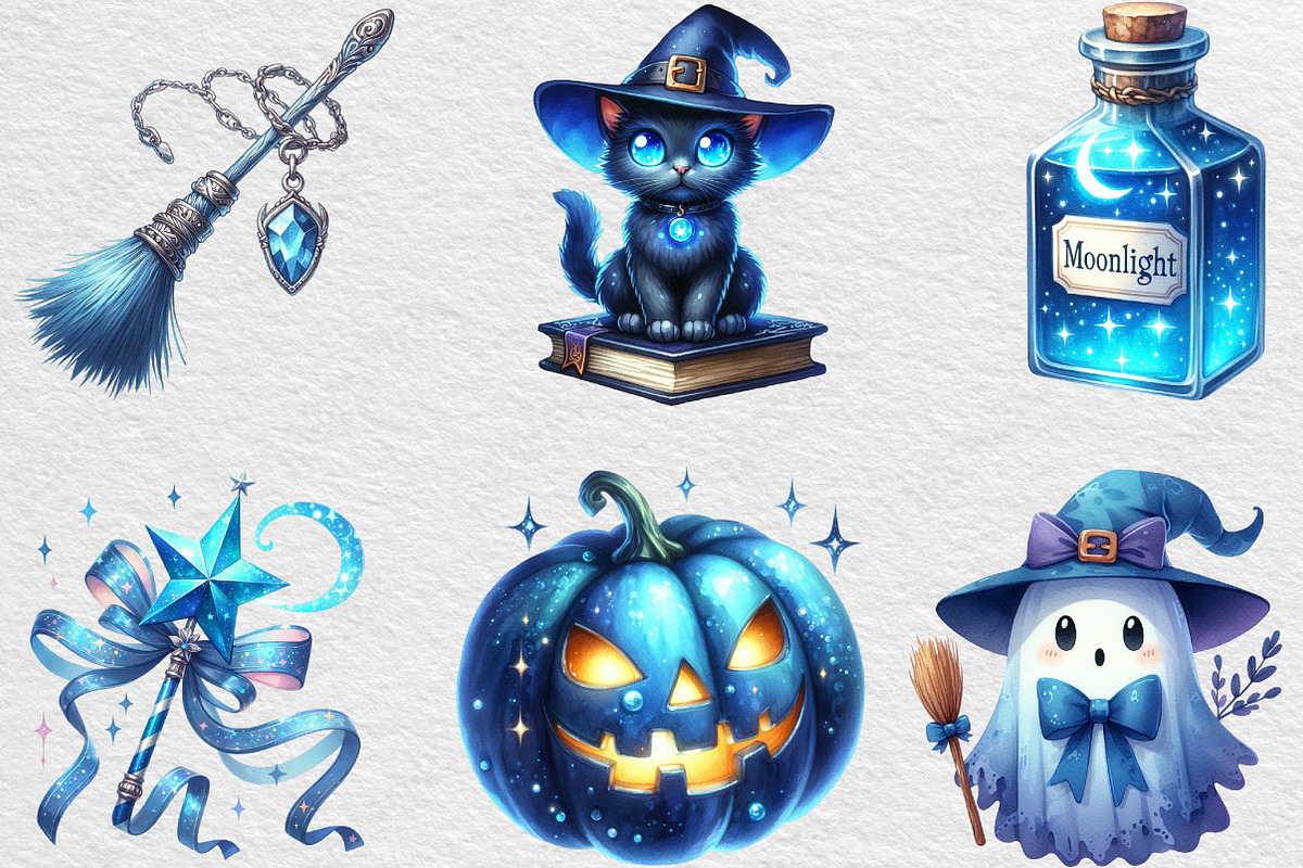 Watercolor Blue Halloween Clipart, an Illustration by Black Bird Studio (Photo 4 of 6)