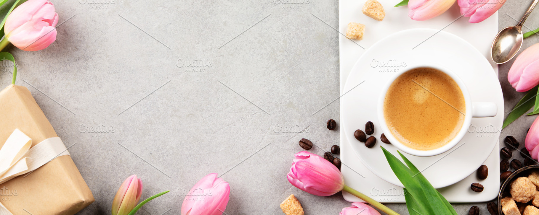 Spring Coffee Flat Lay with Tulips and Gift Box, a Holiday Photo by Natalia Klenova's Shop