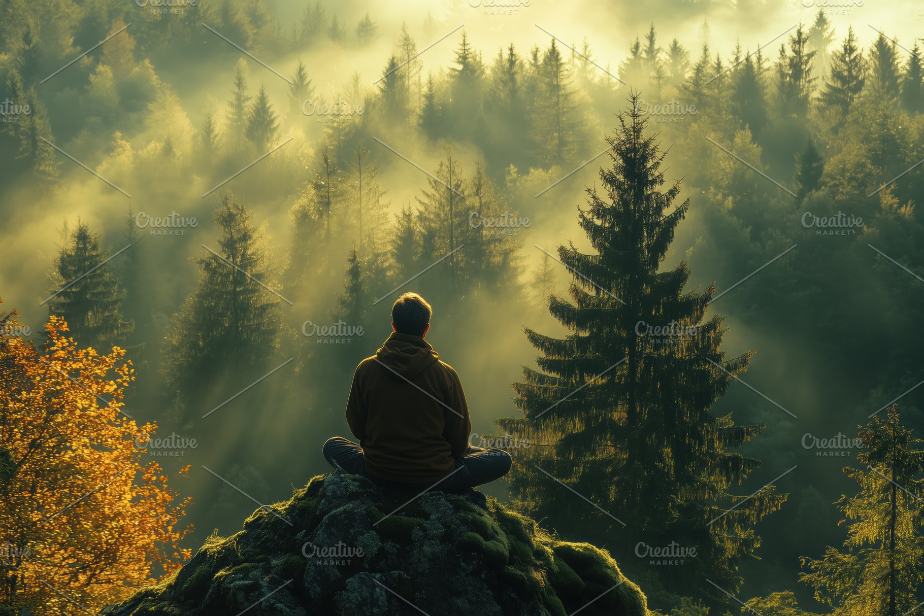 A forester person sitting in a meditative pose on a rock, overlooking a misty f, a Person Photo by Textures & Backgrounds
