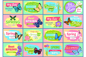 Spring Big Sale Posters Set Vector Illustration