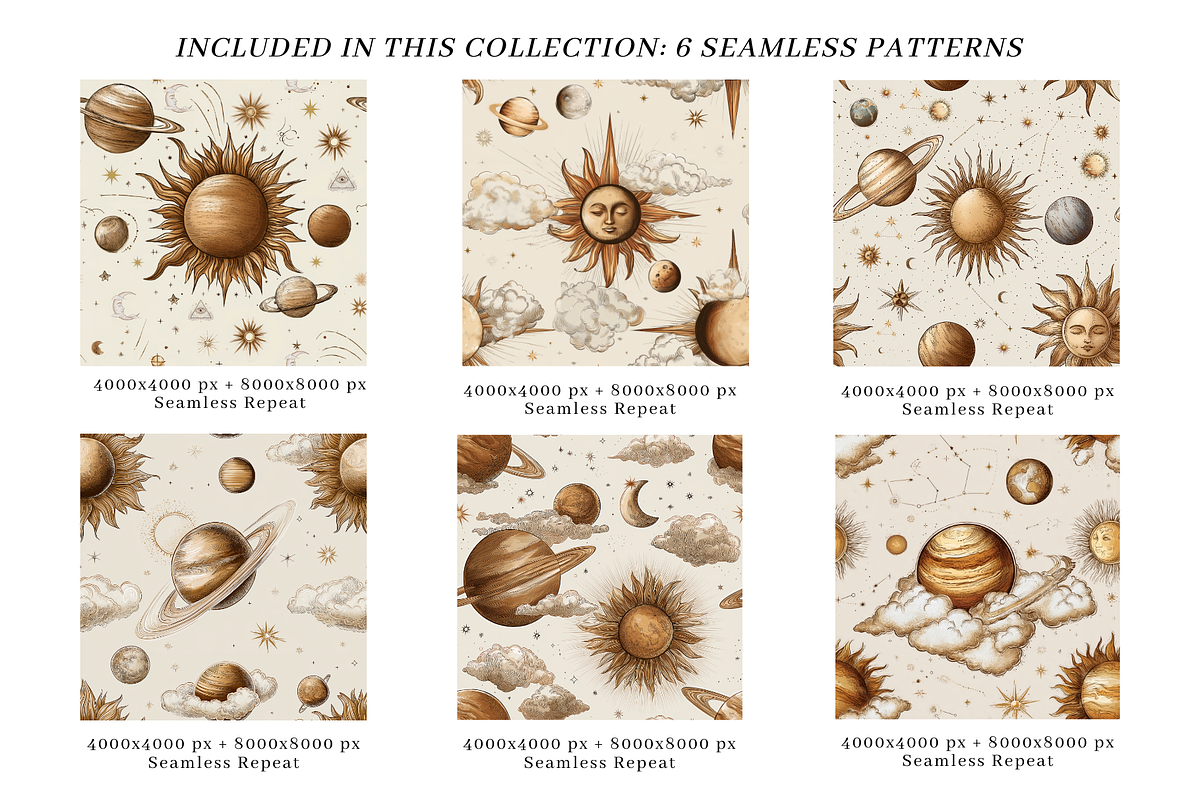 CELESTIAL AFFAIR SEAMLESS PATTERNS, a Pattern Graphic by LUSH Studio (Photo 2 of 6)