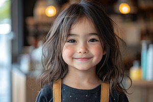 Young girl with long hair smiling wa, a Photo by Tanuart