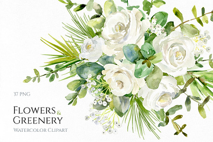 Watercolor White Flowers & Greenery, an Illustration by GraphicsDish
