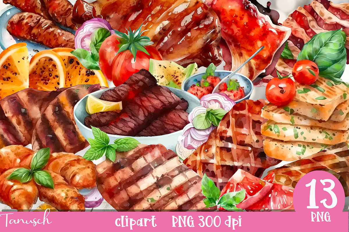 Watercolor BBQ meat & burger Clipart, a Food Illustration by TanuschArts (Photo 1 of 3)