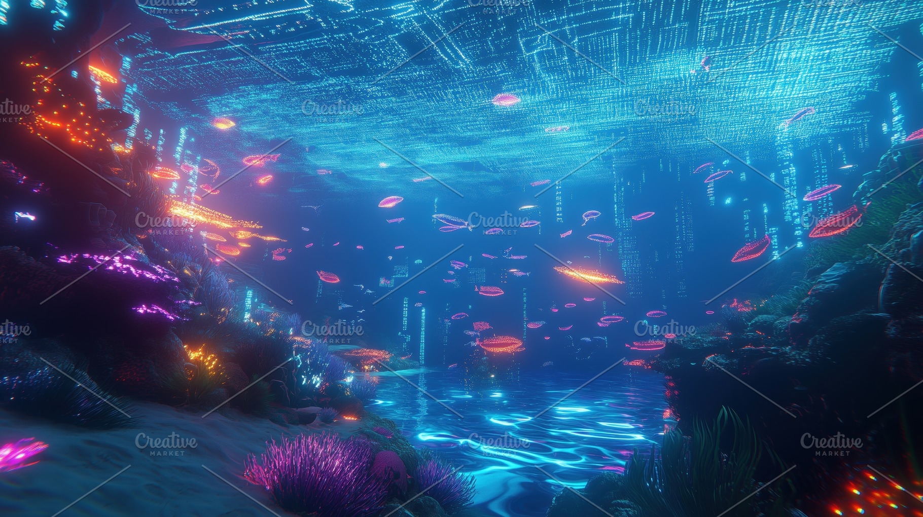 A vibrant underwater scene featuring glowing jellyfish and colorful coral reefs, a Photo by Textures & Backgrounds