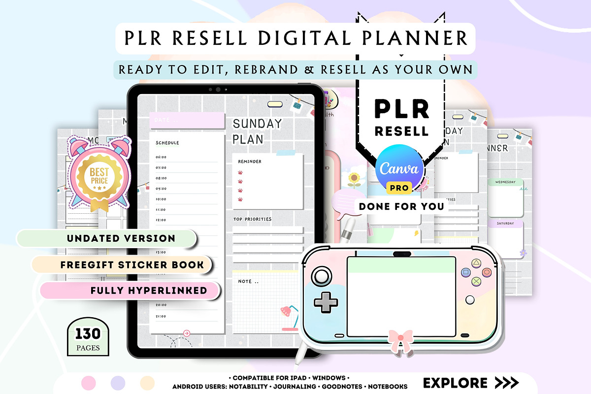 PLR Undated Digital Planner, a Stationery Template by Tas Creative Studio