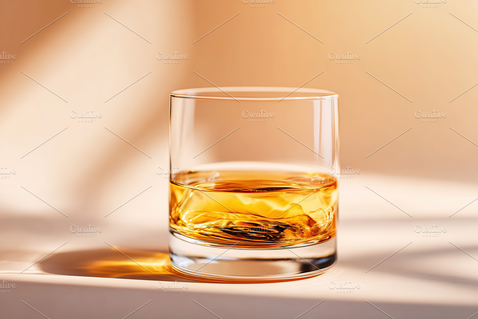 Glass of whiskey on a smooth surface with warm lighting during the evening, a Photo by AlyaAnd