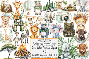 Cute Safari Animals Clipart, a Seasonal Illustration by Design Market