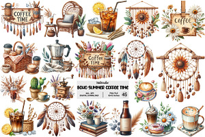 Boho Summer Coffee Time Clipart, an Illustration by Pixels.Craft