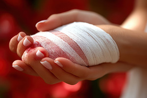 Bandaged hand showing injury with bl, a Photo by Tanuart