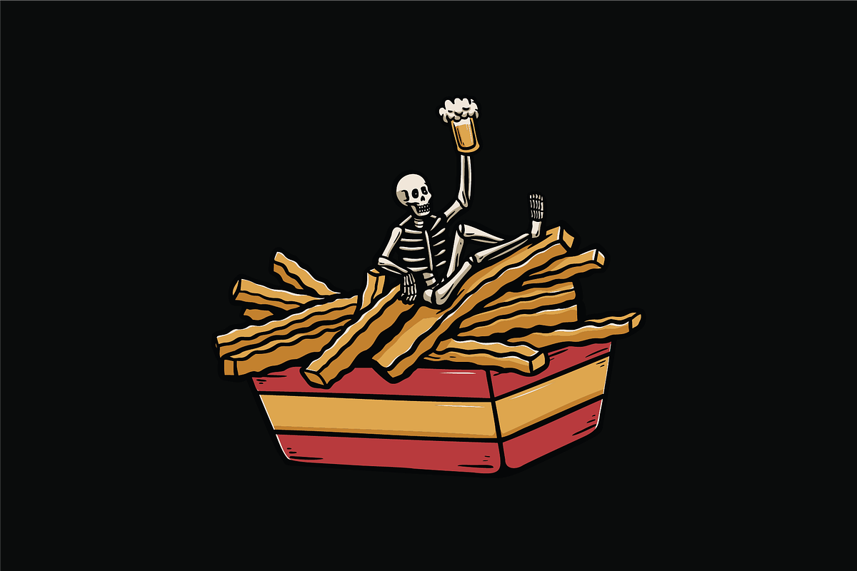 Skeleton in Fries Box with Beer, an Object Illustration by nomlimo.com (Photo 1 of 3)